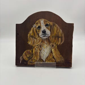 Vintage Primitive Wood Plaque with Handpainted Puppy Dog Spainel Art Wall Painting.
