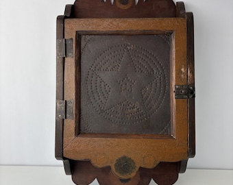 Antique Wood Punched Tin Wall Mount Apothecary Cabinet