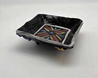 Handmade Clay Pottery Abstract Black Footed Square Bowl / Trinket Catchall Dish