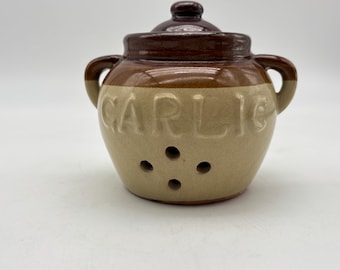 vintage two tones earthenware garlic pot with ventilation holes