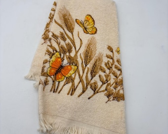 Vintage Mid Century Flower Motif Hand Towel with Fringe