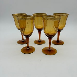 Vintage Mid Century Amber Wine Glasses with Gold Rim - Set of 5