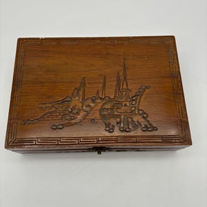 Vintage Hand Carved Asian Style Wooden Jewelry Box, Red Velvet Lined Jewelry Organizer