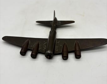 WWII Trench Art Bomber Airplane Sculpture Made from Brass Bullet Casings, Handmade Military Folk Art, Vintage Aviation Memorabilia