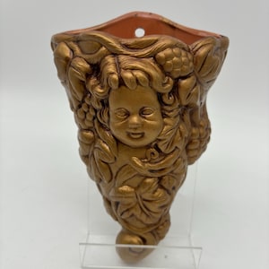 Vintage Ornate Cherub Face Ceramic Wall Vase / Wall Pocket