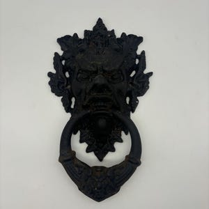 Vintage Large French Renaissance-Inspired Demonic Head Heavy Cast Iron Door Knocker with Patina