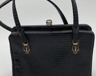 Vintage Black Faux Alligator Purse: Mid Century Metal Handbag