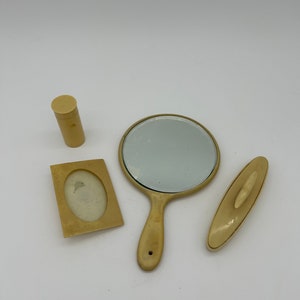 Vintage 1920s Art Deco Celluloid Vanity Set: Hand Mirror, Bobby Pin Case