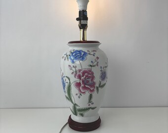 Vintage Chinoiserie Porcelain Floral Table Lamp Blue Pink Flowers Wood Base Asian Style