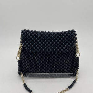 Vintage 1960s Navy Blue Wooden Beaded Purse ** Beaded Shoulder Bag