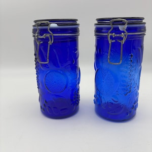 Vintage Cobalt Blue Glass Canisters: Embossed Fruit Design, Set of 2
