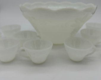 Vintage Anchor Hocking Milk Glass Punch Bowl Set: Embossed Leaf Pattern, 10 Cups