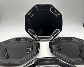 Set of 4 1980s ARCOROC of France Octime Black Octagon 10 1/2” Wide Dinner Plates