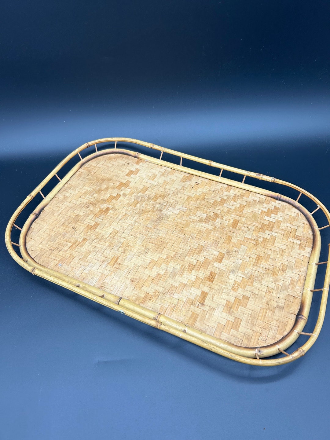Vintage Boho Bamboo Tray Decorative Woven Bamboo Tray Retro Tiki Bamboo