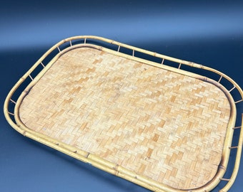 Vintage Woven Bamboo Tray: Retro Tiki Boho Decor (19x13 inches)