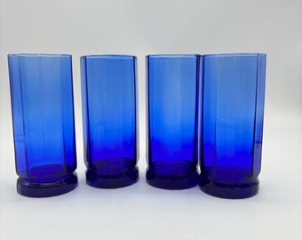 Vintage Anchor Hocking Essex Cobalt Blue Highball Glasses Set of 4 Retro Tumblers