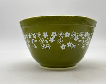 Vintage Pyrex Spring Blossom Avocado Green and White Crazy Daisy 401 Small Mixing Bowl
