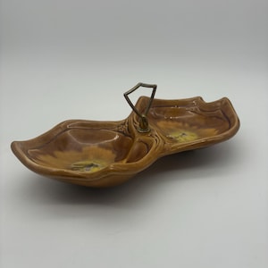 Vintage Mid Century USA Maurice of California Pottery Divided Dish with Carry Handle.