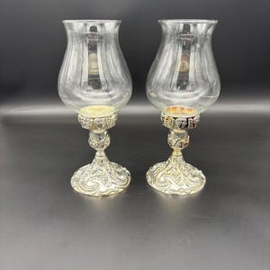 Pair of Vintage Godinger Silver Plated Ornate Candlestick Holders With Glass Hurrican Shades. 9 3/4” Tall