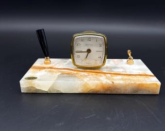 Vintage Scotto West Germany Onyx Desk Clock Pen Holder Set Mid Century Office Decor, read description