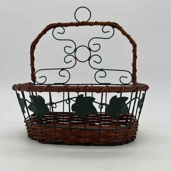 Vintage Wicker and Metal Leaf Wall Hanging Basket