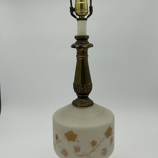 Vintage Mid Century Hollywood Regency White Glass Table Lamp with Gold Leaf Motif and Brass Base