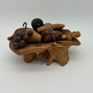 Vintage Wood Bowl with Wooden Fruit Collection. Vintage Centerpiece Decor