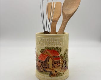 Vintage 1981 Sears Roebuck "Country Cottage" ceramic kitchen utensil holder made in Japan.