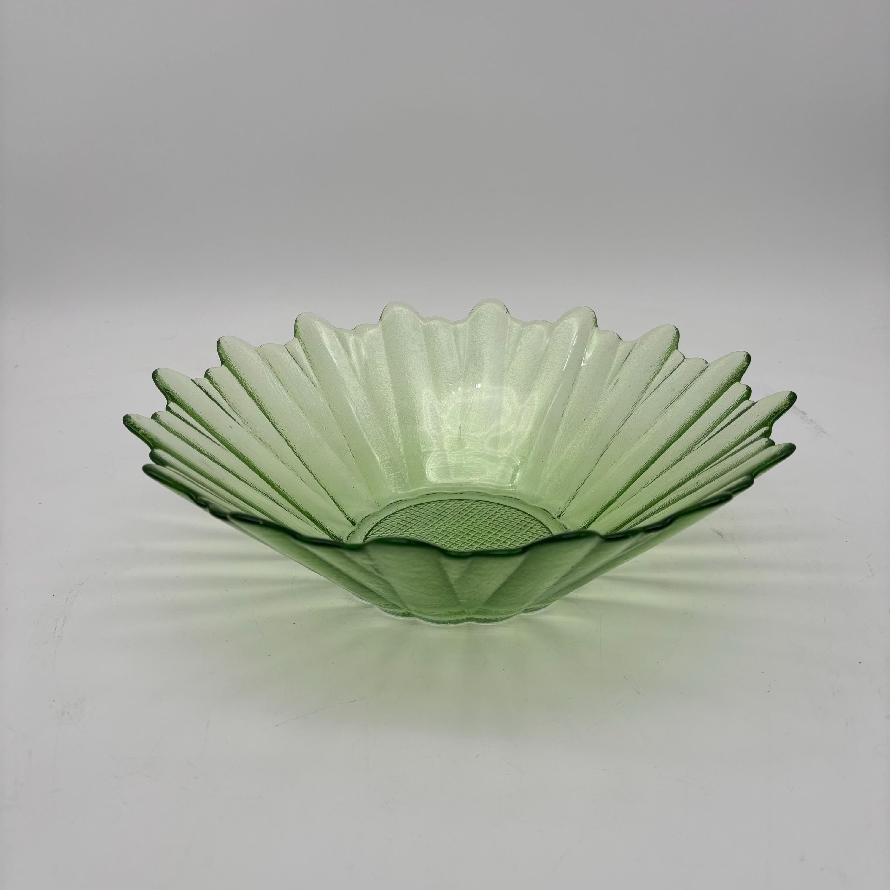 Vintage Light Green Glass Textured Flower Shaped Bowl 11 3/4”