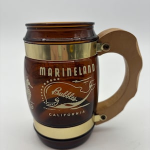 Vintage  Siesta Ware Brown Glass Marineland California Beer Mug Wood Handle