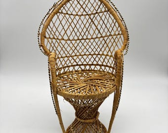 Vintage Miniature Peacock Chair Wicker Rattan Plant Stand Boho Doll Furniture