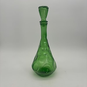 Vintage Empoli Green Glass Dimpled Pattern Decanter.  Retro Barware. Decanter with Glass Stopper. Made in Italy Decanter