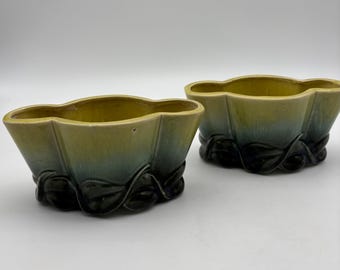 Vintage Mid Century Hull Pottery Planters: Green Drip Glaze, USA Made