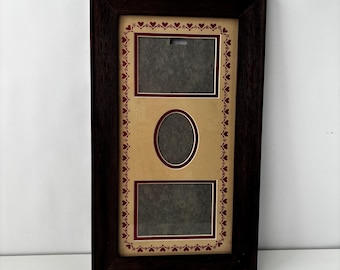 Vintage Triple Opening Picture Frame Wood Heart Folk Art Mat Country Farmhouse Decor