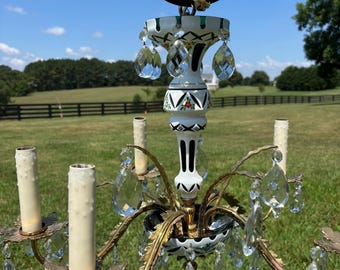 Vintage Bohemian Czech Cut Glass Chandelier: Hand-Painted Floral, Crystal Prisms