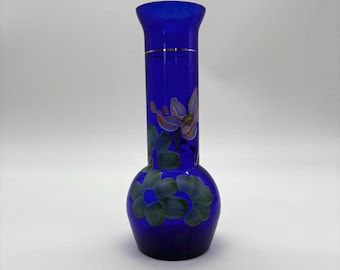 Vintage Cobalt Blue Art Glass Vase, Hand-Painted Floral Bud Vase, Gold Accent