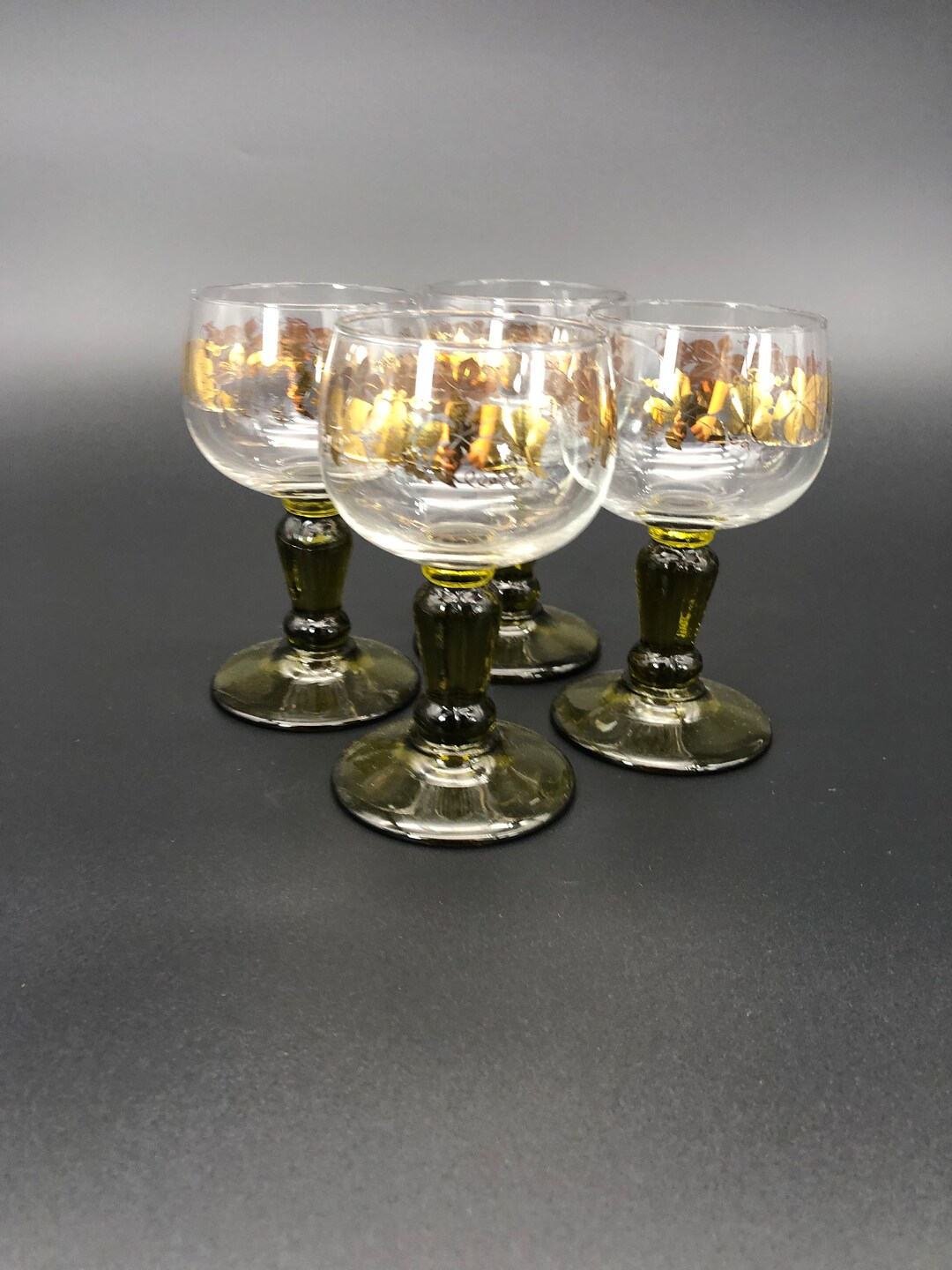 Vintage German Roemer Cordial Wine Glasses Grape Gold Leaf Olive Green Stems Set of 4 Etsy