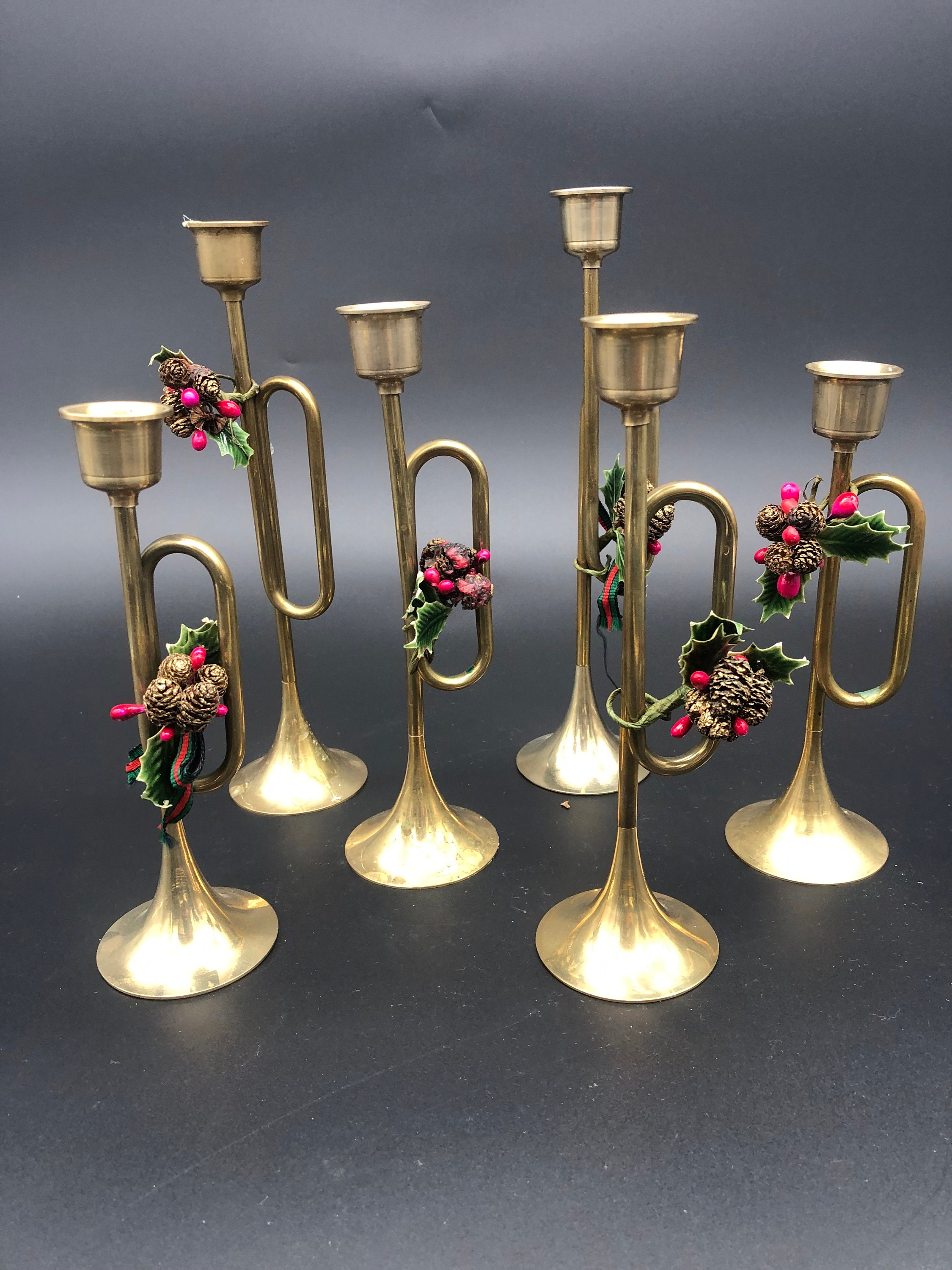 Vintage Brass Trumpet-Shaped Candle Holders | Mid-Century Decor