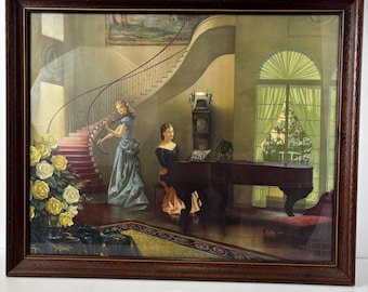 Vintage R. Brownwell McGrew "Morning Melody" Framed Print: Piano Violin Scene