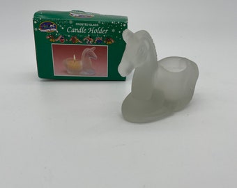 Retro 1980s Frosted Glass Unicorn Candle Holder with Original Box.