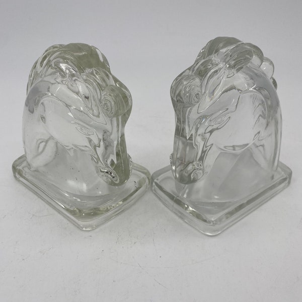 Vintage Pair of Glass Horse Head Bookends / Clear Glass Horse Statues *** Mid Century Decor