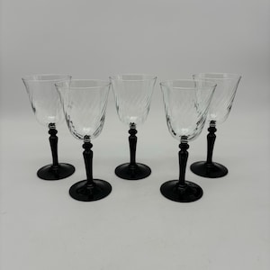 Luminarc Vintage Swirl Wine Glasses with Black Stem - Set of 5 Glasses France 1980s