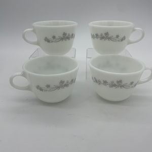 Vintage Pyrex Ribbon Bouquet Cups: Gray & White Tea Set of 4