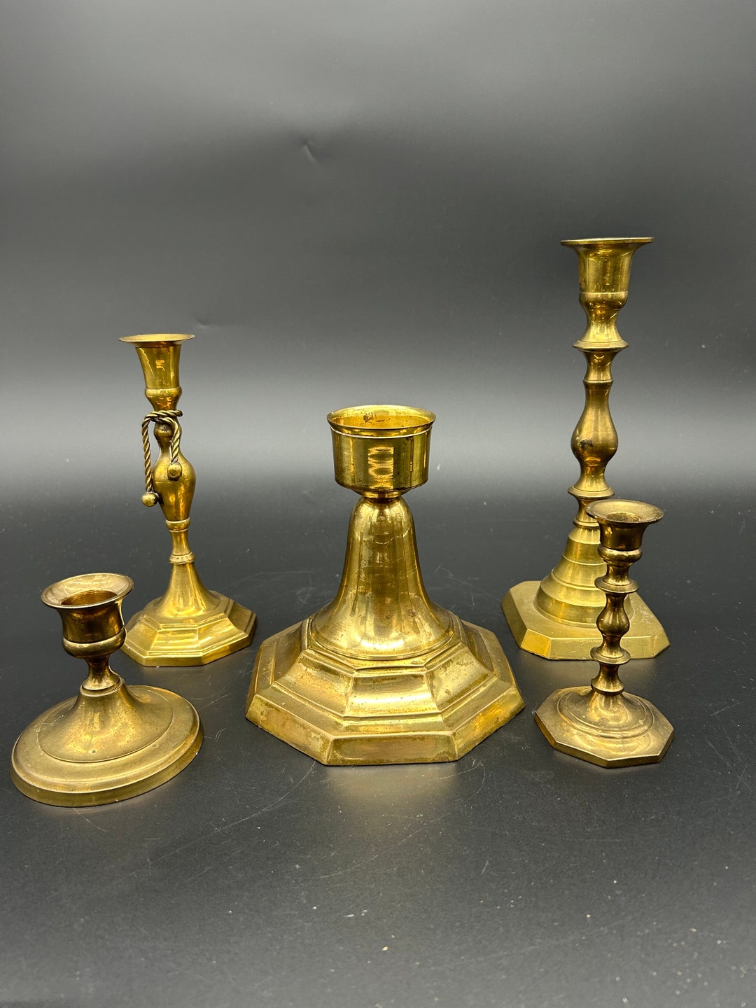 Collection of Five Vintage Brass Candlestick Holders Mismatched Candle