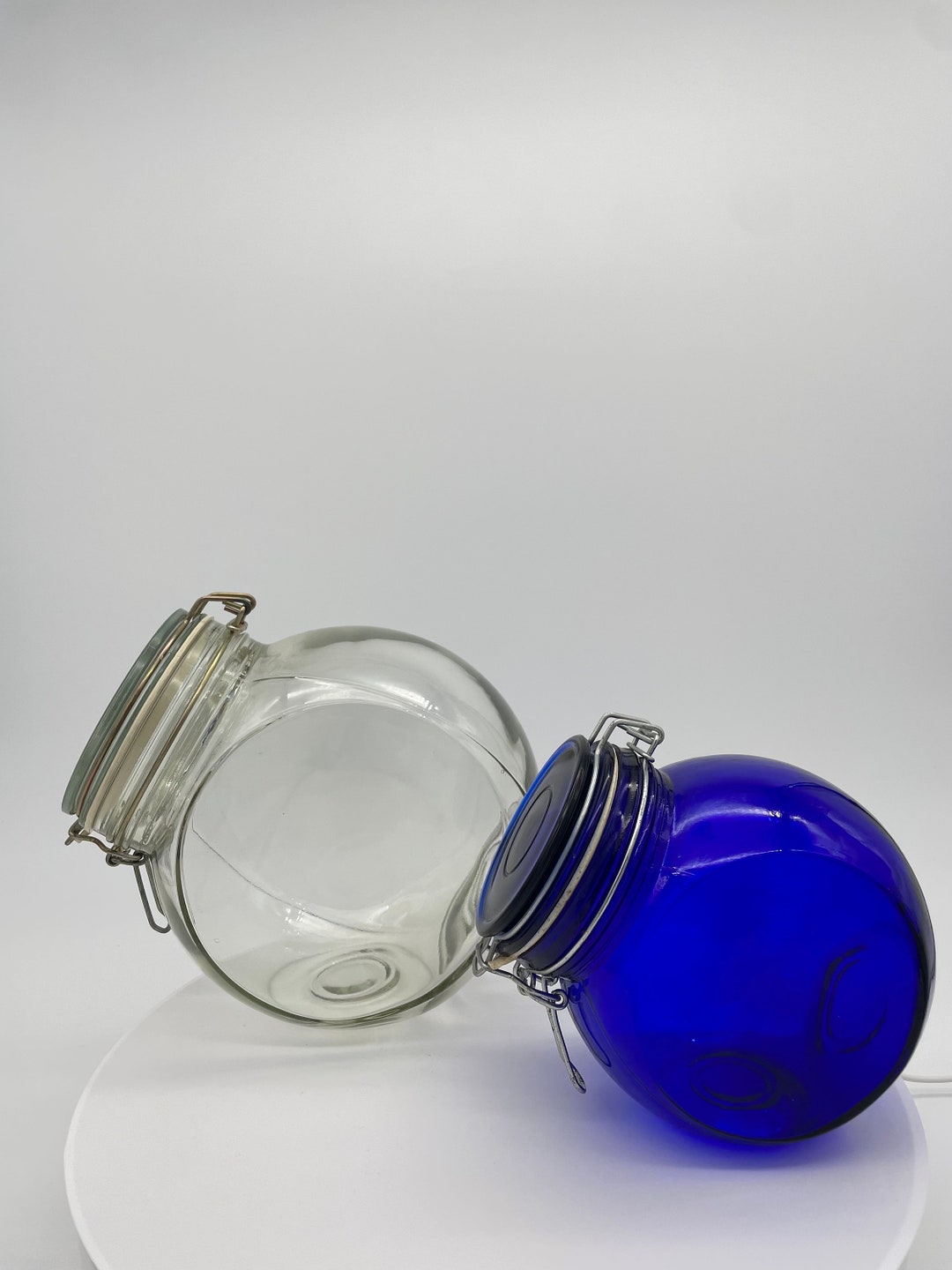 Vintage Glass Canister Set Clamp Style Lids clear Canister and Cobalt