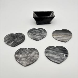 Vintage Grey Marble Heart Shaped Coaster Set With Holder, Set of Five Coasters
