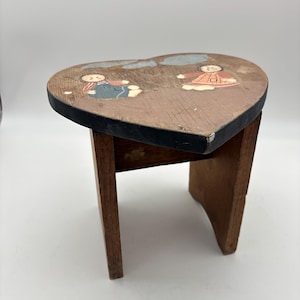Vintage Solid Wood Heart Shape Step Stool / Foot Stool / Plant Stand. Handpainted Doll Motif. rustic country decor.