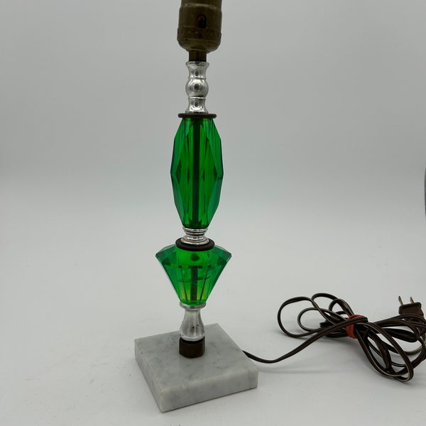 Vintage Green Lucite Mid Century Table Lamp With Marble Base. Working but Damage to Plug. See pictures.