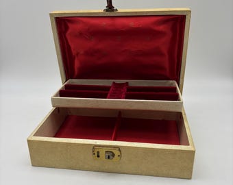 Vintage Mid Century Tan Vinyl Wrapped Jewelry Box with Red Interior