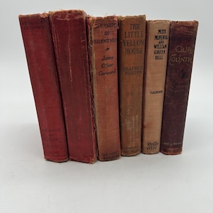 Collection of Vintage and Antique Hardcover Books, Red Color Set of 6 Books for Staging / Decorating